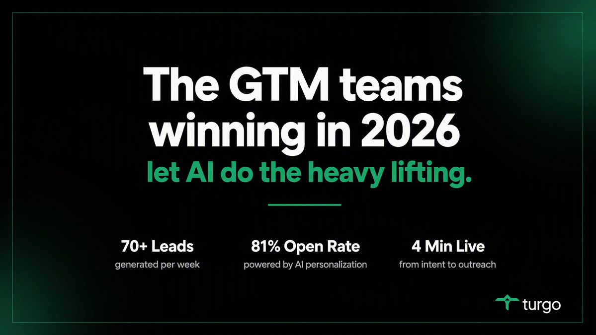 Turgo_ai's tweet photo. The GTM teams winning in 2026 have one thing in common.

They let AI do the heavy lifting.

https://t.co/eHcs2Ma8cJ

#GTM #B2BSaaS #AI #SalesAutomation #FutureOfWork #SaaS #Tech #Innovation #DigitalTransformation #Productivity #virałpost https://t.co/QrCltKgzHF