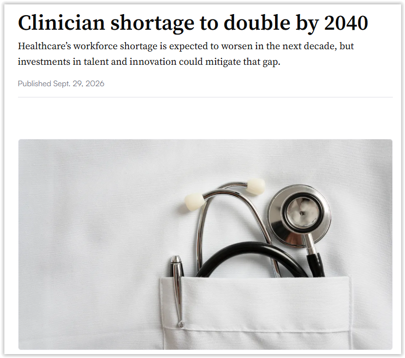 Berci's tweet photo. 6 million healthcare professionals are missing today, and over 11 million will be missing by 2030 - WHO data.

A new report paints an even worse picture and further proves the point that using AI in healthcare is not a choice but a must.

1) Over 108 million people reside in primary care provider shortage areas.

2) AI tools that automate and streamline administrative work could close up to 37% of the projected clinician shortage.

3) Closing the projected healthcare workforce shortage could support better outcomes, including a 20% reduction in wait times for specialist care. 

4) Solving the nursing shortage could save nearly 100,000 lives by 2040, and closing the physician gap could add more than 6 months to the average life expectancy.

Source: https://t.co/YbUcCTxoE9