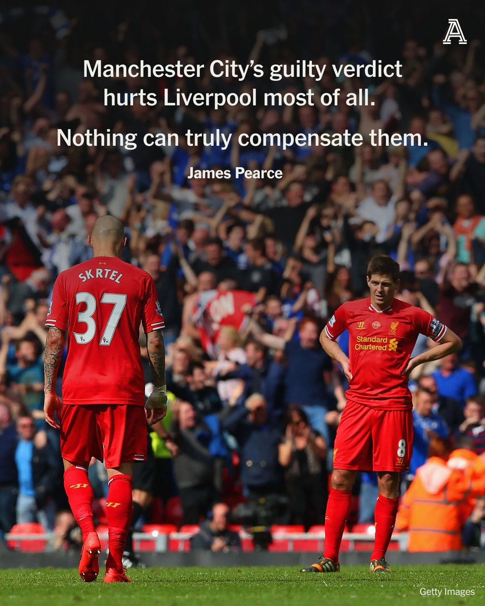 TheAthleticFC's tweet photo. If the guilty verdicts against Manchester City stand then Liverpool will have suffered more than anyone. As well as two title near misses under Jurgen Klopp and the defeat to City in the 2016 League Cup final, there was the 2013-14 title race when Brendan Rodgers’ side were dramatically beaten to the big prize by City.

If Manchester City had played by the rules and not possessed such squad depth would Liverpool captain Steven Gerrard, whose cruel slip against Chelsea proved so costly, have got the crowning glory to his career that he craved?

The prospect of titles being reallocated seems unlikely. Football is about memories and moments, and they can’t be restored years after the events.

The sheer scale of City’s offences provides vindication for FSG, who for so long argued that that the rules weren’t being either properly respected or enforced. 

But this is no victory. How can it be when you were robbed of so much by financial doping?

📝 @JamesPearceLFC

🔗 https://t.co/M4BOB26OZC