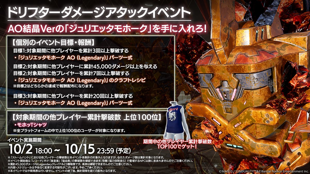 SYNDUALITY_GAME's tweet photo. ▽「ドリフターダメージアタックイベント」開催▽

ドリフターたちよ、戦いの時だ！
「ドリフターダメージアタックイベント」を開催！

【イベント概要】
AO結晶Verの「ジュリエッタモホーク」を手に入れろ！
「ドリフターダメージアタックイベント」開催！
他のドリフターに戦闘をしかけ、撃破を狙おう！
※「ストームハント」における他プレイヤーの撃破数は本イベント各集計の対象外となりますが、与えたダメージ数は集計対象となります。

【個別のイベント目標・報酬】
1:対象期間に他プレイヤーを累計3回以上撃破する
・「ジュリエッタモホーク AO (Legendary)」パーツ一式
2:対象期間に他プレイヤーに累計45,000ダメージ以上を与える
・「ジュリエッタモホーク AO (Legendary)」のクラフトレシピ
2:対象期間に他プレイヤーを累計7回以上撃破する
・「ジュリエッタモホーク AO (Legendary)」のクラフトレシピ
3:対象期間に他プレイヤーを累計20回以上撃破する
・「ジュリエッタモホーク AO (Legendary)」パーツ一式
※2はどちらかの達成で報酬配布になります。

【イベント期間中の配布について】
下記期間中にログインすることで、期間ごとにそれぞれ以下Epicクレイドルのパーツ一式を配布いたします。
期間1　10/2 18:00 - 10/3 18:00「シンスパイダー+2」
期間2　10/3 18:00 - 10/4 18:00「ジュリエッタアンバー+2」
期間3　10/4 18:00 - 10/5 18:00「シンタワー+2」
期間4　10/5 18:00 - 10/6 18:00「ジュリエッタモホーク+2」
期間5　10/6 18:00 - 10/7 18:00「ボウイハーネス+2」
期間6　10/7 18:00 - 10/8 18:00「トムガーディアン+2」
期間7　10/8 18:00 - 10/9 18:00「ボウイラビット+2」
また、10/8 23:59までに「対象期間に他プレイヤーを累計3回以上撃破する」を達成したプレイヤーを対象に、追加で期間ごとにそれぞれ以下Legendaryクレイドルのパーツ一式を配布いたします。
期間8　10/9 18:00 - 10/10 18:00「シンカーディナル」
期間9　10/10 18:00 - 10/11 18:00「ジェーンボルト」
期間10　10/11 18:00 - 10/12 18:00「リドルスニッチャー」
期間11　10/12 18:00 - 10/13 18:00「アリスアコナイト」
期間12　10/13 18:00 - 10/14 18:00「ドリーウォウラス」
期間13　10/14 18:00 - 10/15 23:59「マシュージェスター」

また、イベント期間中における個別の他プレイヤー累計撃破数が上位100位以内だったドリフターには
イベント限定の特別Tシャツを配布いたします！
※全プラットフォームの中で上位100位のユーザーが対象になります。

【他プレイヤー累計撃破数 TOP100のプレイヤー】
・モホッTシャツ

【イベント開催期間】
2026/10/2 18:00 ～ 2026/10/15 23:59

※内容・スケジュールは予告なく変更する場合がございます。あらかじめご了承ください。
※本イベントでは中間発表は行いません。
※イベントの終了後、集計期間を経ての配布となります。
※本ゲーム以外の外部ツールを利用し他ユーザーと結託し、ゲーム内で協力する行為はゲームの公平性を著しく損なう迷惑行為（チーミング行為）として禁止しております。
故意に同じプレイヤーと繰り返し協力体制を行うことや同じ座標での協力プレイが通常のプレイ範囲からは逸脱していると判断した場合、当該アカウントへ永久的なアカウント停止処置を行う場合がございます。

イベントにつきましては、本チャレンジイベントをもちまして提供を終了いたします。
最終イベントにはなりますが、最後までお楽しみいただけますと幸いです。

ドリフターの皆さま、これまで開催してまいりましたイベントにご参加くださり誠にありがとうございました。開発・運営チーム一同、心より深く御礼申し上げます。

今後とも『SYNDUALITY Echo of Ada』をどうぞよろしくお願いいたします。

 #SYN #SYNDUALITY #シンデュアリティ