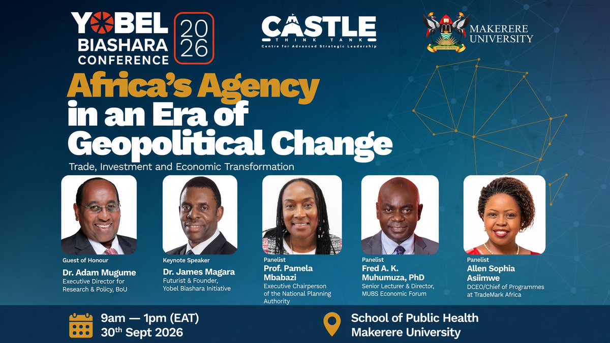 Makerere's tweet photo. #HappeningNow

The Yobel Biashara Annual Conference 2026 in partnership with CASTLE Think Tank

Theme: Africa’s Agency in the Era of Geopolitical Change — seizing emerging opportunities for sustainable prosperity and strategic economic leadership. 

Follow Live: https://t.co/DdAEnK34Ov

Have any questions about the conference? Reach out at: info@yobelbiashara.org