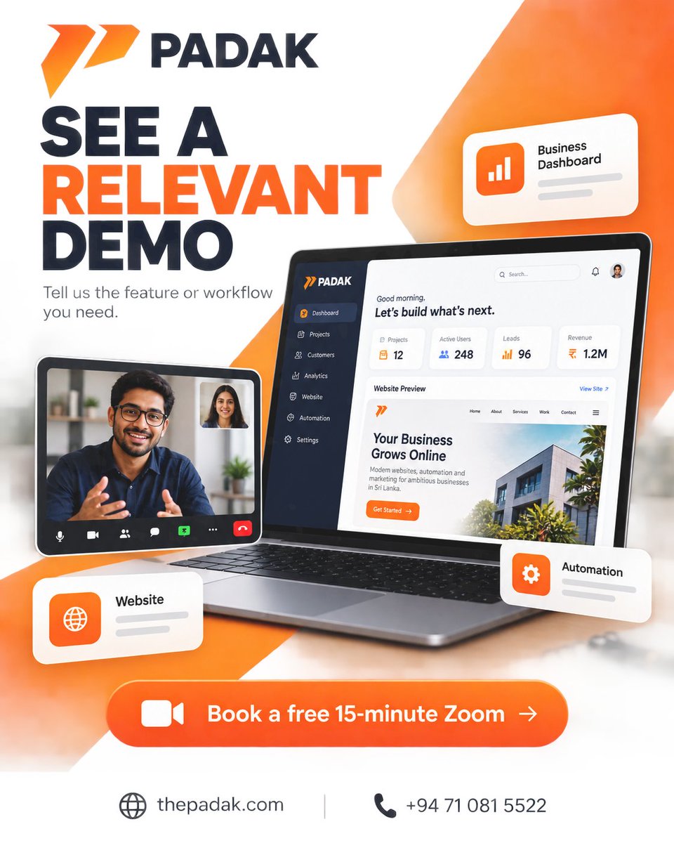 padak_official's tweet photo. Tell Padak what you need. We’ll discuss your goals and, where available, walk you through a relevant demo.
📅 Book a free 15-minute Zoom consultation.
🌐 https://t.co/V9aw1YLXRv
📲 WhatsApp +94 71 081 5522
Message us “DEMO” to get started. https://t.co/LaYXs3ps8s