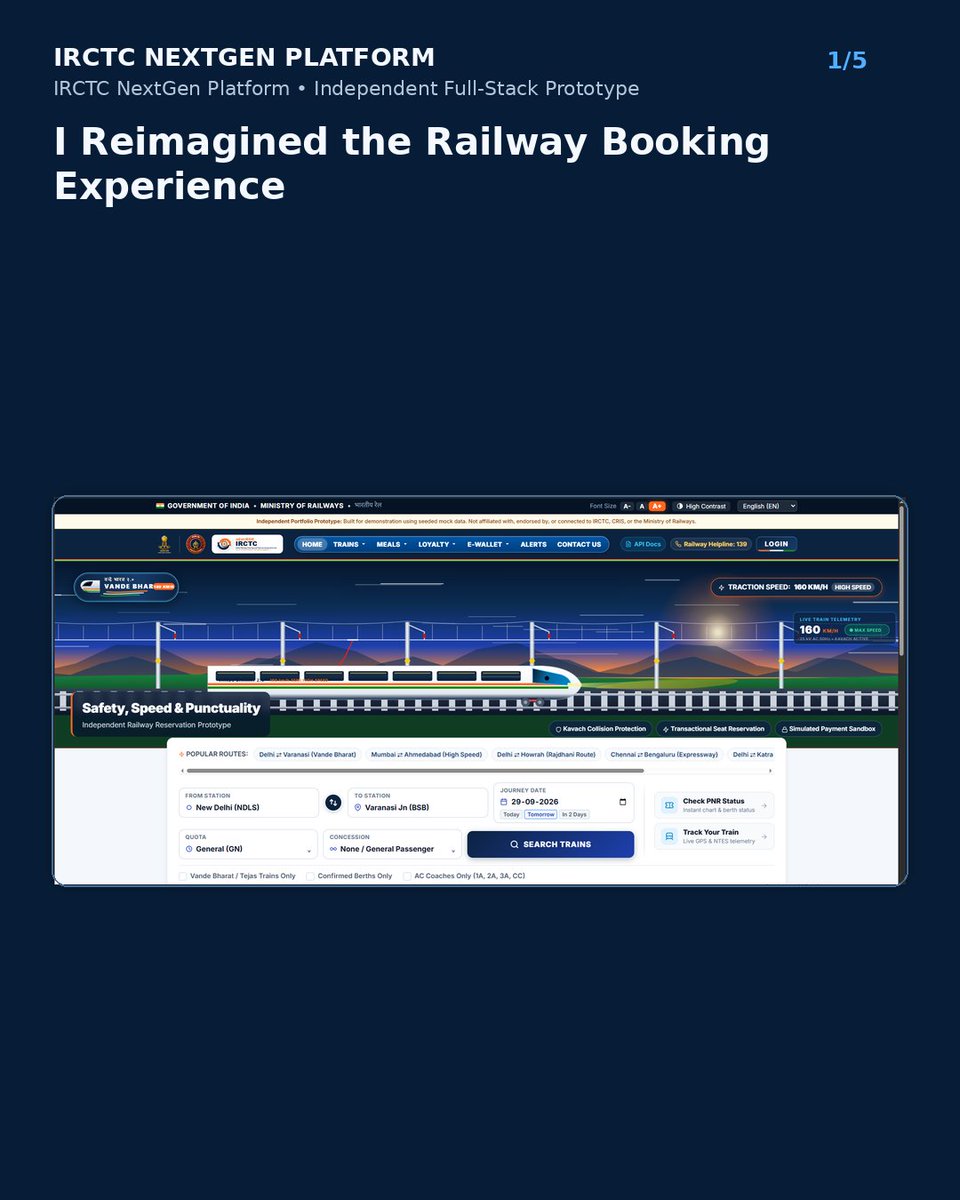 shubhutts's tweet photo. I built the IRCTC NextGen Platform 🚆

A full-stack railway booking prototype with train search, berth visualization, booking flow, PNR, and e-ticket generation.
🚆 Live Prototype:
 https://t.co/8ZLHZ6OPP5
💻 GitHub Repository:
https://t.co/edKJpgSbsE
#AIEngineering #GeminiAI https://t.co/6JqVxIDFJw