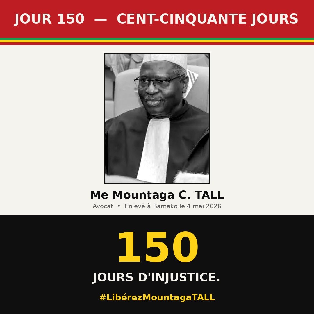 vieuxmko's tweet photo. Le mot n'est pas rhétorique. Il est technique. Il est juste. Cent-cinquante jours pendant lesquels ce qui devait s'appliquer ne s'est pas appliqué : la loi malienne et la loi qui s’applique aux avocats. Cent-cinquante jours pendant lesquels ce qui devait exister n'a pas existé : une procédure régulière, un magistrat, un Conseil, un débat contradictoire. Cent-cinquante jours pendant lesquels ce qui aurait dû cesser dès le premier jour a été délibérément prolongé, chaque matin renouvelé, chaque soir reconduit.

L'injustice a plusieurs visages. Il y a celle qui frappe par erreur, et qui se répare. Il y a celle qui frappe par négligence, et qui se corrige. Et il y a celle qui frappe par volonté, méthodiquement, patiemment, et qui ne se répare pas, sinon par un acte du même ordre : la reconnaissance publique de la faute, la sanction de ses auteurs, la réhabilitation des victimes.

Cent-cinquante jours d'injustice, c'est de cette dernière espèce qu'il s'agit.

Le compteur qui, chaque matin, s'ajoute d'une unité depuis cinq mois n'est pas le compteur d'une attente. 

C'est le compteur d'une accumulation. Chaque jour qui passe ajoute une strate à ce que devront un jour reconnaître ceux qui ont ordonné, exécuté, couvert, ou laissé faire. Et cette strate, une fois posée, ne s'enlève plus.

À la famille TALL, en ce Jour 150 : cinq mois. Nous mesurons ce que ces mots portent. Votre dignité, préservée à travers l'épreuve, force le respect de tous ceux qui, à distance, suivent cette affaire.

À Maître Mountaga TALL et à Cheick Mamadou TALL : cent-cinquante. Nous tenons. Nous tiendrons. Chaque jour supplémentaire de séquestration est un jour supplémentaire de conscience mobilisée à l'extérieur.

Aux Confrères qui s’expriment encore et qui pensent à lui, aux mobilisations, aux organisations qui suivent depuis le premier jour : merci. Le compteur continue.

Un Avocat enlevé, c'est l'État de droit séquestré. Aucune diplomatie ne viendrait à bout de cette violation. 
 Cent-cinquante jours d'injustice, ce sont cent-cinquante jours qui, un jour, appelleront leur réponse.

#LibérezMountagaTALL #LibérezCheickMamadouTALL #LibérezLaFamilleTALL #Mali #Avocat #ÉtatDeDroit #DisparitionForcée #150Jours

@debatsdecitemko 
@Debats2DroitMKO