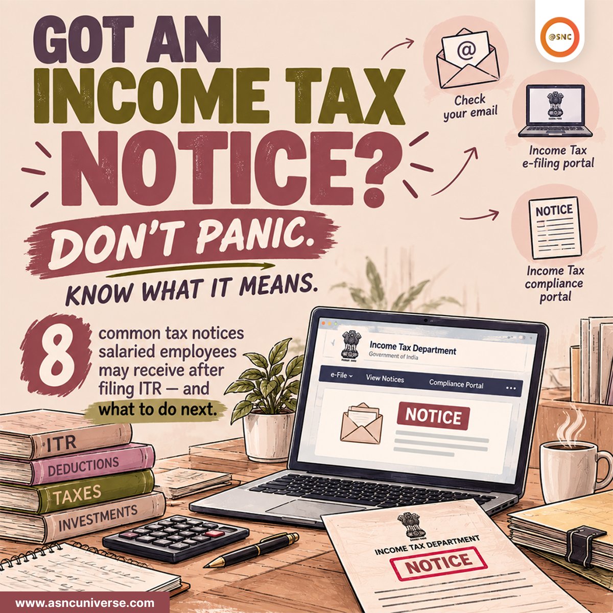 SNCoffice's tweet photo. 🚨 INCOME TAX NOTICE? DON’T PANIC!
📩 Check the notice
📌 Understand the deadline
📂 Keep documents ready
✅ Respond on time
⚠️ Don’t ignore it. Seek professional help if needed.
#IncomeTax #TaxNotice #ITR #TaxTips #SNC https://t.co/eoCg8JZ8le