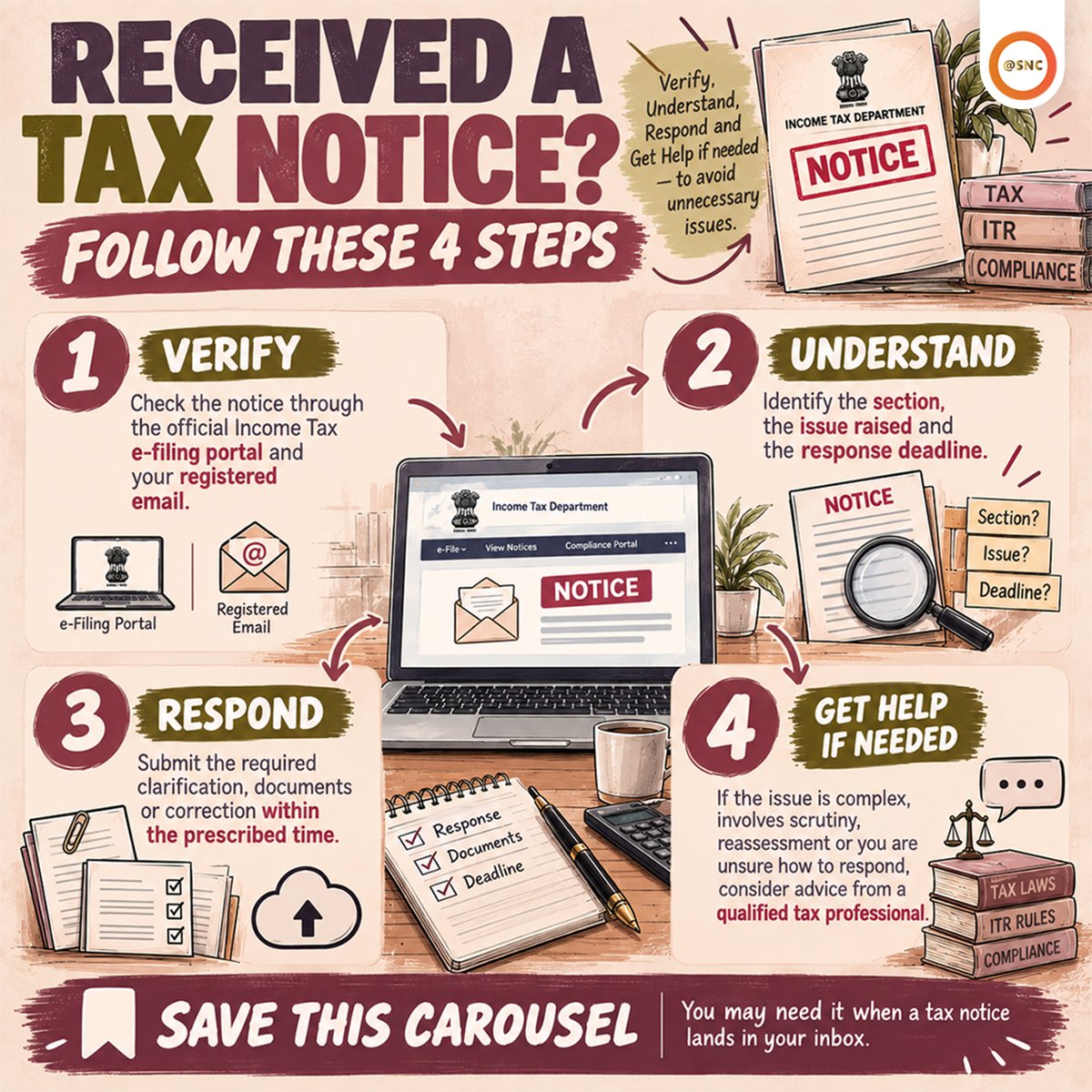 SNCoffice's tweet photo. 🚨 INCOME TAX NOTICE? DON’T PANIC!
📩 Check the notice
📌 Understand the deadline
📂 Keep documents ready
✅ Respond on time
⚠️ Don’t ignore it. Seek professional help if needed.
#IncomeTax #TaxNotice #ITR #TaxTips #SNC https://t.co/eoCg8JZ8le