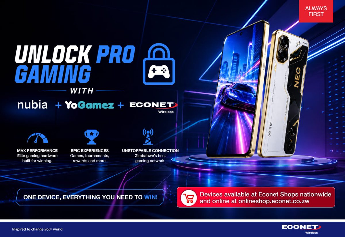 econetzimbabwe's tweet photo. Built for gaming from the first tap. ๐
The ZTE Neo 5 5G helps you compete, stream, and play your way with FREE 6GB + YoGamez Access included.
Shop at Econet Shops nationwide or visit https://t.co/VKaWdNHDcG ๐ฎโก
#YoGamez #GamingStartsHere #ZTENeo55G https://t.co/s5LaizkcVb