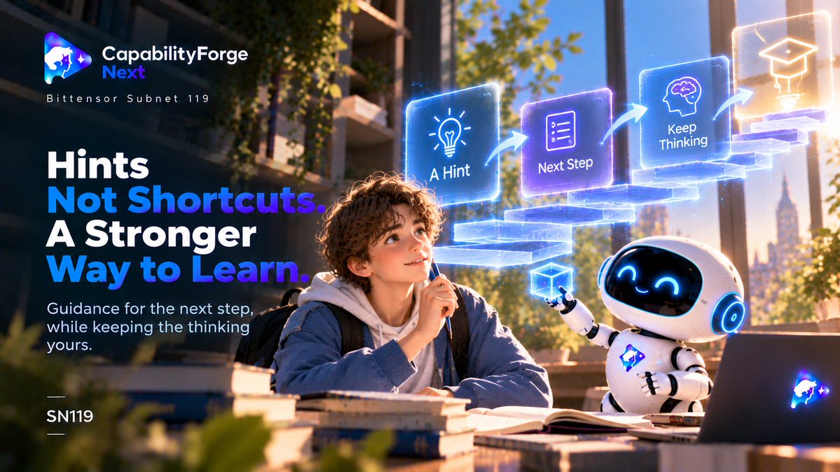 CFNextAI's tweet photo. Sometimes the best AI response isn’t the answer — it’s the right hint. 🧩🔍

SN119 explores guidance that helps learners take the next step without taking over the thinking.

Guide the process. Keep the thinking.
#SN119 #AI #MachineLearning #Bittensor https://t.co/spmPPxs30w
