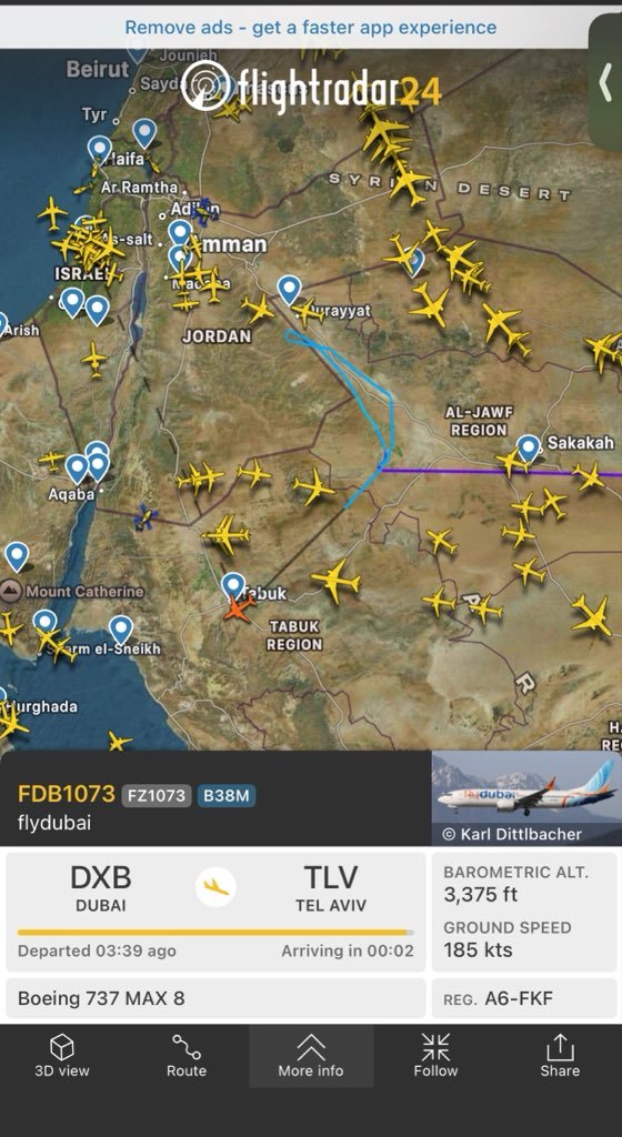 LuharQA's tweet photo. Flydubai Flight Declares Emergency En Route to Tel Aviv — Israeli Jets Scrambled, Status Unclear

WHAT
A Flydubai flight (FZ1073) from Dubai to Tel Aviv, carrying over 150 passengers reportedly including many Israelis, transmitted the 7700 general emergency squawk code while flying over Saudi Arabia on September 30, then reportedly switched to 7500 — the international code specifically for hijacking or unlawful interference. The aircraft, a Boeing 737 MAX 8, turned away from Israel, descended to roughly 15,000 feet, and has since dropped off flight tracking sites.

WHO
Israeli fighter jets were scrambled in response. PM Netanyahu and Defense Minister Israel Katz convened an emergency security consultation. As of the latest reporting, there's no official confirmation from Flydubai or civil aviation authorities on what actually triggered this or whether the threat is genuine.

HOW
This is exactly why it's still murky — a 7700-to-7500 squawk sequence, a sharp altitude drop, a reversal away from destination, and then losing the aircraft on trackers is the kind of sequence that looks alarming on data alone, but pilots and crews do occasionally trigger these codes in confusing or non-hijacking emergencies too.

WHY
Even the "unconfirmed" version of this matters given the airspace involved — Saudi Arabia, near Jordan, inbound to Israel — any aviation incident along that corridor gets treated as a potential security event by default, hence the immediate fighter jet response and PM-level consultation.

WHY IT MATTERS
Don't treat this as a confirmed hijacking yet — no airline, no civil aviation authority, and no government has verified that's what actually happened. What's real: the emergency codes transmitted, the diversion, and the military response. What's not yet known: the cause, the current location of the aircraft, and passenger safety status. This is a fast-moving story — worth flagging as developing rather than posting with certainty either way.

#DefenceWithIndia #Flydubai #Israel #AviationSecurity #BreakingNews