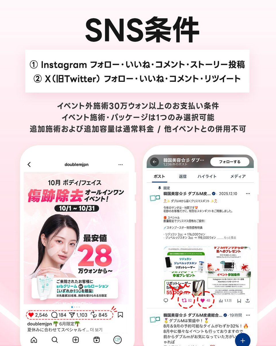 Mnmclinic_jp's tweet photo. 10月限定✨
ボディ＆フェイス 傷跡ケアイベント！

傷跡・色素・ニキビ跡から
ボトックス＆フィラーまでまとめて特別価格に。

📅 期間：10/1〜10/31

🎁 先着30名様
施術を受けた方にSRBクリームまたはSRBローションを1つプレゼント！

【傷跡＋色素】
・ウルトラパルスアルファ 1部位（約5cm）＋ジェネシス 1回
28万ウォン

・上記＋MシャインBK 1回
99万ウォン

【ニキビ跡】
・ウルトラパルスアルファ 1部位（顔・名刺サイズ）＋ジェネシス 1回
44万ウォン

・上記＋MシャインBK 1回
121万ウォン

・顔全体フルパッケージ
ウルトラパルスアルファ＋ジェネシス＋MシャインBK 1回
165万ウォン

【ボトックス＆フィラー】
・ボトックス 50％OFF
・フィラー 50％OFF

👭 家族・友達と一緒なら
2名 22.5％OFF
3名 25％OFF
4名以上 27.5％OFF

※イベント外施術30万ウォン以上のお支払いが条件
※イベント施術・パッケージは1つのみ選択可能
※追加施術・追加容量は通常料金
※他イベントとの併用不可

#ダブルM 
#韓国クリニック 
#韓国肌管理 
#ニキビ跡治療 
#色素レーザー
