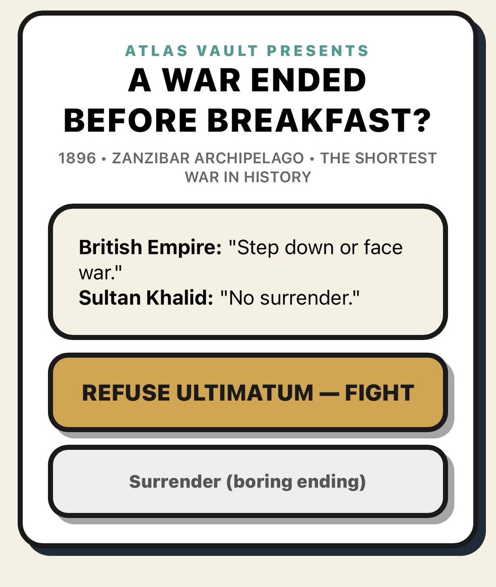 97Yeshwant's tweet photo. A war that ended before breakfast? 🎮

Zanzibar, 1896. You’re the Sultan.

38 seconds. 3 warships. One palace.

Can you survive? https://t.co/S3eyuKlDzL