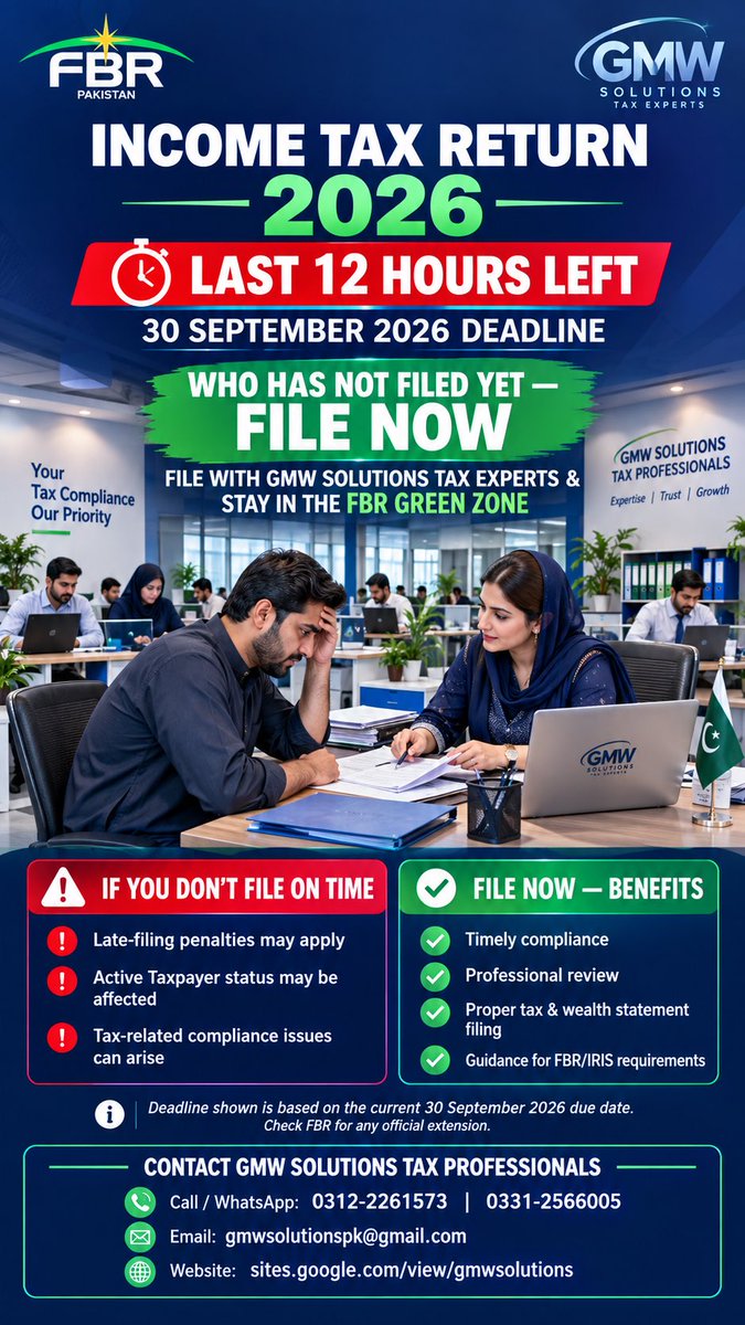gmwsolutionspk's tweet photo. 🚨 FINAL 12 HOURS!

Today 30 Sept 2026 is LAST DATE for FBR Income Tax Return 2026.

Miss = ATL se out + Double Tax + Penalty.

Active Filer in 30 Mins!

📞 0312-2261573 | 0331-2566005
#FBR #ActiveFiler2026 #IncomeTaxReturn2026 https://t.co/iUpLjgyYJQ