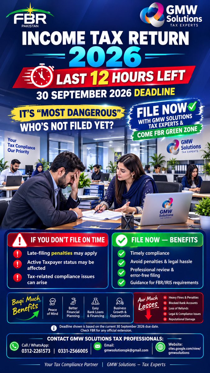 gmwsolutionspk's tweet photo. 🚨 FINAL 12 HOURS!

Today 30 Sept 2026 is LAST DATE for FBR Income Tax Return 2026.

Miss = ATL se out + Double Tax + Penalty.

Active Filer in 30 Mins!

📞 0312-2261573 | 0331-2566005
#FBR #ActiveFiler2026 #IncomeTaxReturn2026 https://t.co/iUpLjgyYJQ