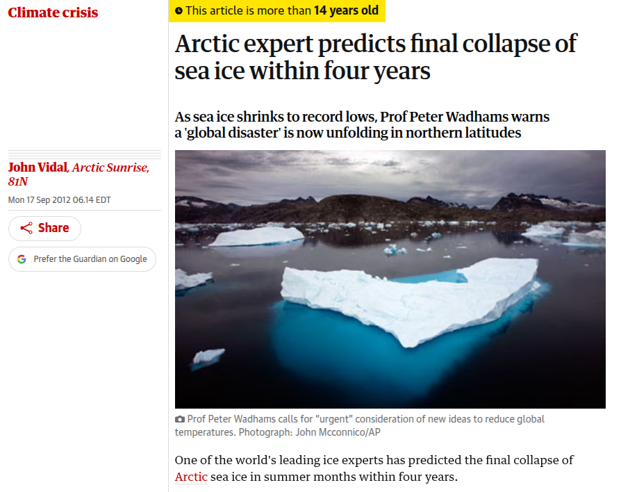 PoyetPatrice's tweet photo. "Peter Wadhams ScD is emeritus professor of Ocean Physics, and Head of the Polar Ocean Physics Group in the Department of Applied Mathematics and Theoretical Physics, University of Cambridge.
He is best known for his work on sea ice"
Here's what he predicted 14 years ago.
Resign https://t.co/kKkKMPb5sP