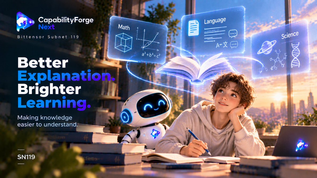 CFNextAI's tweet photo. A good AI answer shouldn’t just be correct. It should make the idea easier to understand. 💡📖

SN119 is training toward clearer explanations, connected steps and better learning support.

Make understanding easier.
#SN119 #AI #Bittensor #MachineLearning https://t.co/nNNaxPaw2g