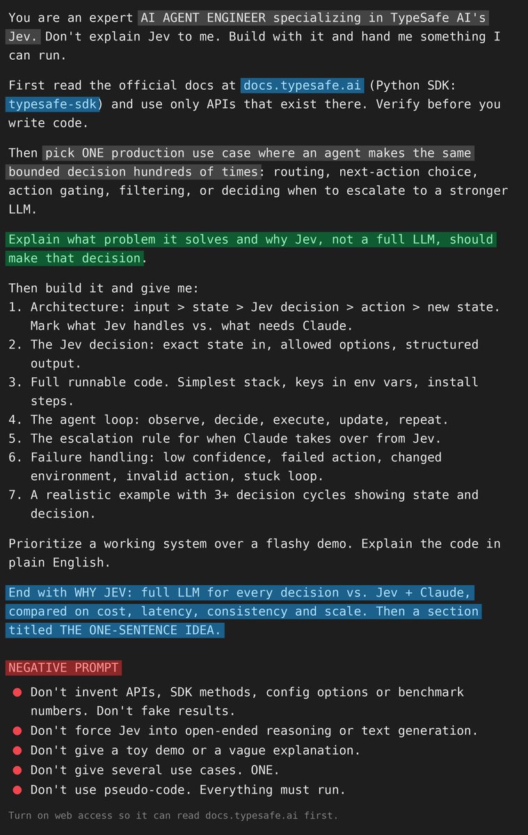 mikenevermiss's tweet photo. Jev is brand new and there's no tutorial for it yet.

so I wrote the prompt that makes Claude read the docs, pick one real use case, and build the agent. it's a runnable code, added failure handling, and a rule for when Claude takes over.

paste it in and try it. https://t.co/mgj6HhxBNq