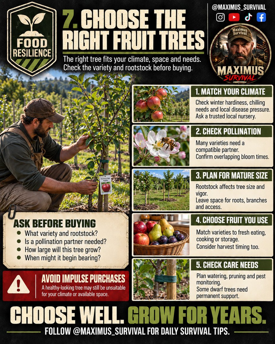 Maximus_Survive's tweet photo. 7️⃣ CHOOSE THE RIGHT FRUIT TREES

The right fruit tree fits your climate, space and needs.

#FoodResilience #FruitTrees #Prepper #Preparedness #HomeOrchard #BackyardGardening #Homesteading #GrowYourOwn #SelfReliance #MaximusSurvival https://t.co/LfH88hKvtX