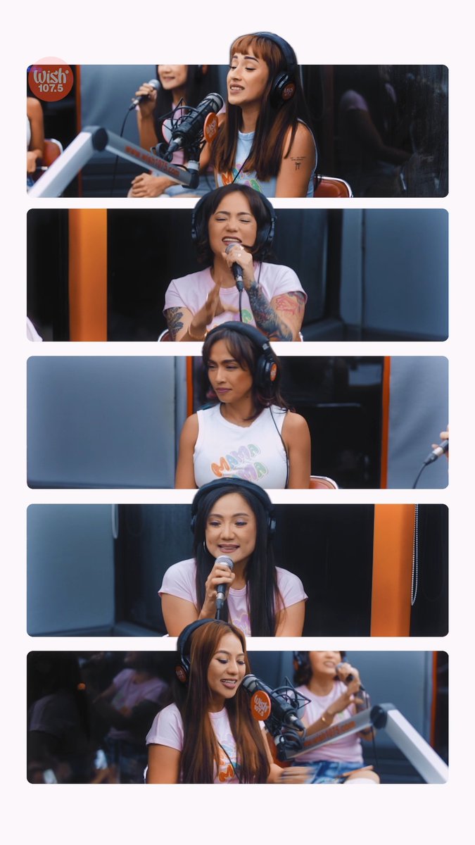 Five vertically stacked video stills of different women wearing headphones and singing into microphones at the Wish 107.5 radio station.