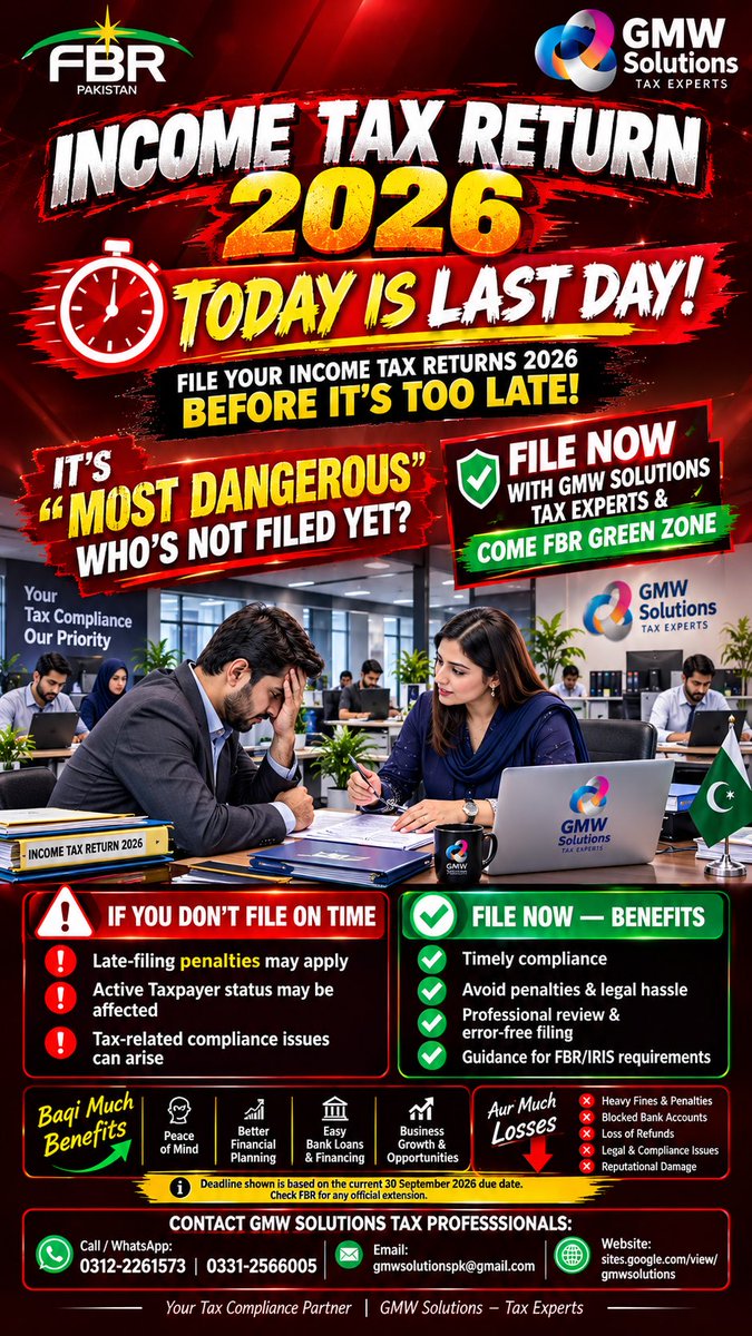 gmwsolutionspk's tweet photo. File NOW &amp; become Active Filer in 30 mins with GMW SOLUTIONS.
📞 0312-2261573 | 0331-2566005
@gmwsolutionspk | IG: @gmwgroups
#ActiveFiler #FBRPakistan https://t.co/ihZjPgMstE