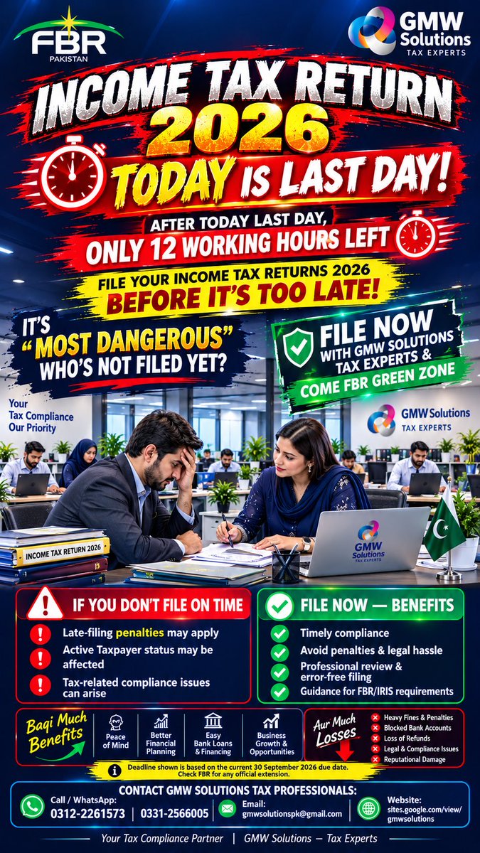 gmwsolutionspk's tweet photo. File NOW &amp; become Active Filer in 30 mins with GMW SOLUTIONS.
📞 0312-2261573 | 0331-2566005
@gmwsolutionspk | IG: @gmwgroups
#ActiveFiler #FBRPakistan https://t.co/ihZjPgMstE