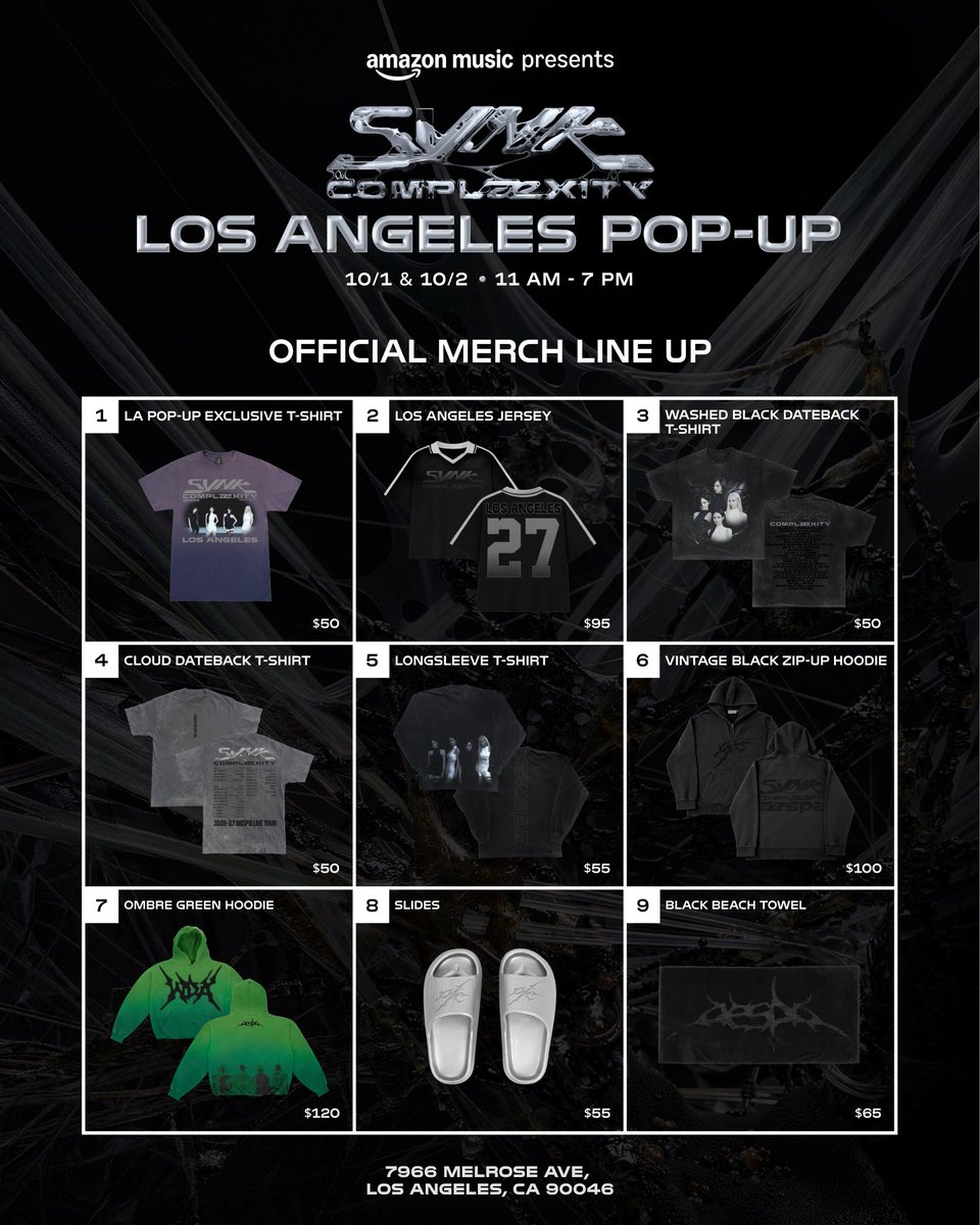 aespa_official's tweet photo. Preview to aespa's SYNK : COMPLaeXITY Tour Pop-up merch collection.
See you soon in LA, MYs!

aespa SYNK : COMPLaeXITY Tour Pop-up @ LA
7966 Melrose Ave, Los Angeles, CA
Thursday, 10/1 & Friday, 10/2
11AM - 7PM

@amazonmusic

#aespa #æspa #에스파
#SYNK_COMPLaeXITY
#aespa_SYNK_COMPLaeXITY