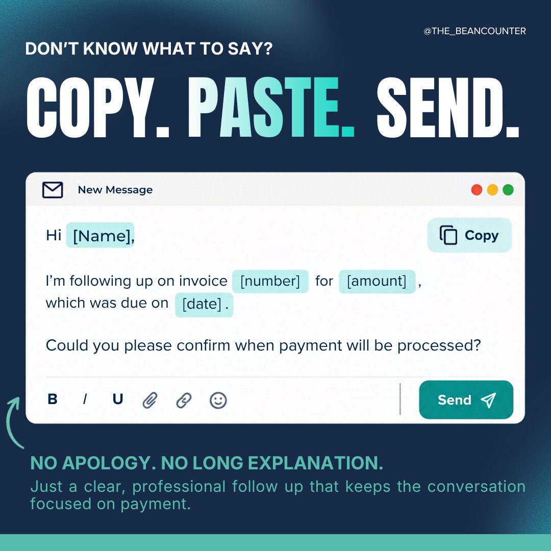 The_Beancounter's tweet photo. You sent the invoice. They received it. The due date came and went. And somehow, you’re the one who feels awkward following up. 👀

Good client relationships and clear payment expectations can exist at the same time.

Slide 4 is worth saving.

#CashFlow #BusinessOwners https://t.co/fZmyx23lvC