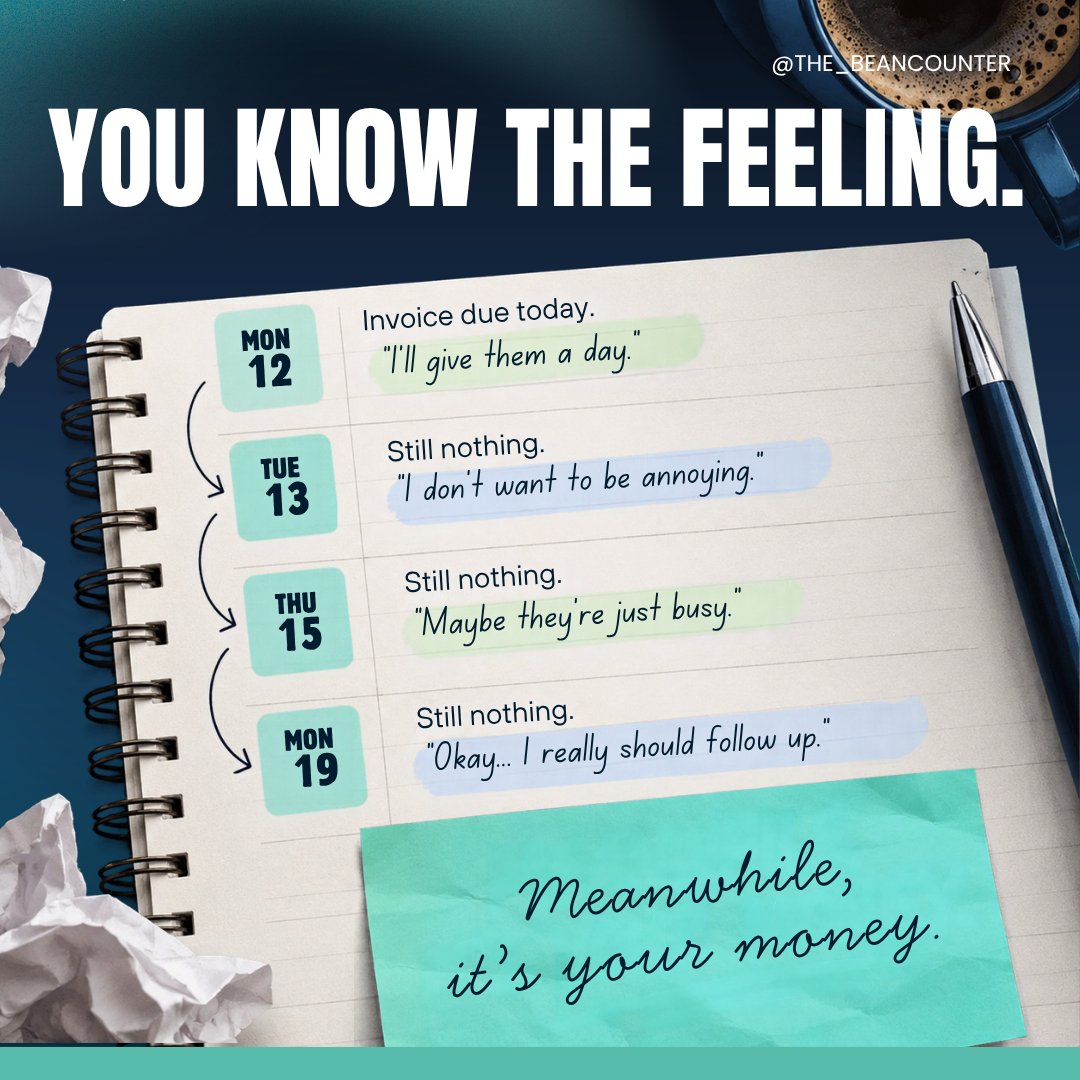 The_Beancounter's tweet photo. You sent the invoice. They received it. The due date came and went. And somehow, you’re the one who feels awkward following up. 👀

Good client relationships and clear payment expectations can exist at the same time.

Slide 4 is worth saving.

#CashFlow #BusinessOwners https://t.co/fZmyx23lvC
