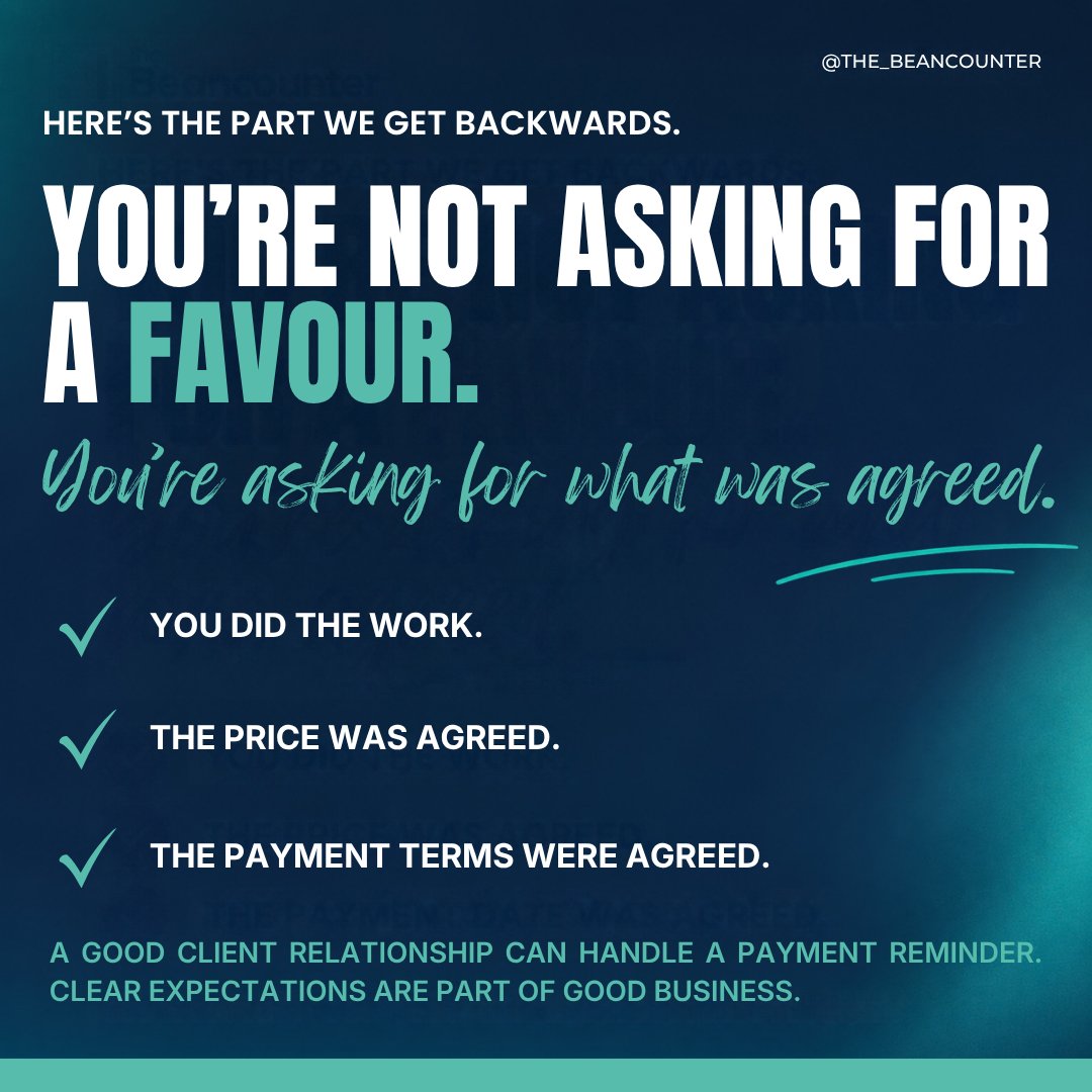 The_Beancounter's tweet photo. You sent the invoice. They received it. The due date came and went. And somehow, you’re the one who feels awkward following up. 👀

Good client relationships and clear payment expectations can exist at the same time.

Slide 4 is worth saving.

#CashFlow #BusinessOwners https://t.co/fZmyx23lvC