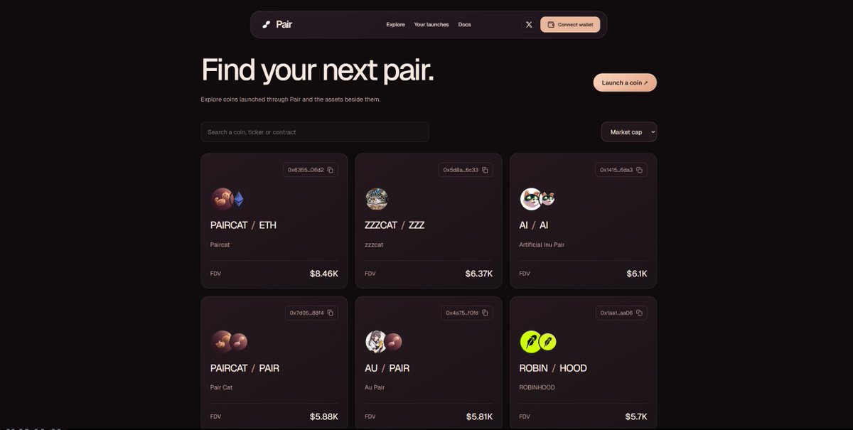 pairdottrade's tweet photo. Pair’s explorer just got cleaner, thanks to your feedback.

Copy any coin’s CA directly, see pair names like INDEX / PAIR at a glance, and browse by valuation or newest launches. FDV is clearly labelled where reported market cap isn’t available.

Keep the feedback coming. Next focus: scaling smoothly as more people use Pair.

https://t.co/7UACgoGGUH