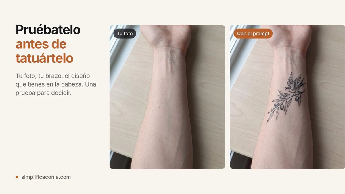 SimplificaIA's tweet photo. Antes de pedir cita, pruébate el tatuaje en tu brazo.

Foto al antebrazo y tres reglas en el prompt:
1. Trabaja sobre esta foto, no generes otra.
2. La tinta va bajo la piel: que se vean los poros.
3. El dibujo se curva con el brazo.

Es una prueba. El diseño es de tu tatuador. https://t.co/a8zSFHLia1