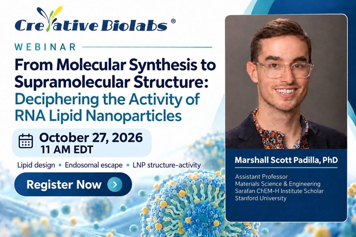 creativebiolabs's tweet photo. Join Marshall Scott Padilla, PhD, to explore lipid molecular design, BEND architectures, endosomal escape, LNP supramolecular structure &amp; RNA delivery.
📅 Oct. 27 | ⏰ 11 AM EDT
Register: https://t.co/KrtYyyH5d8
#LNP #RNADelivery #mRNA https://t.co/y6q82XJpNx