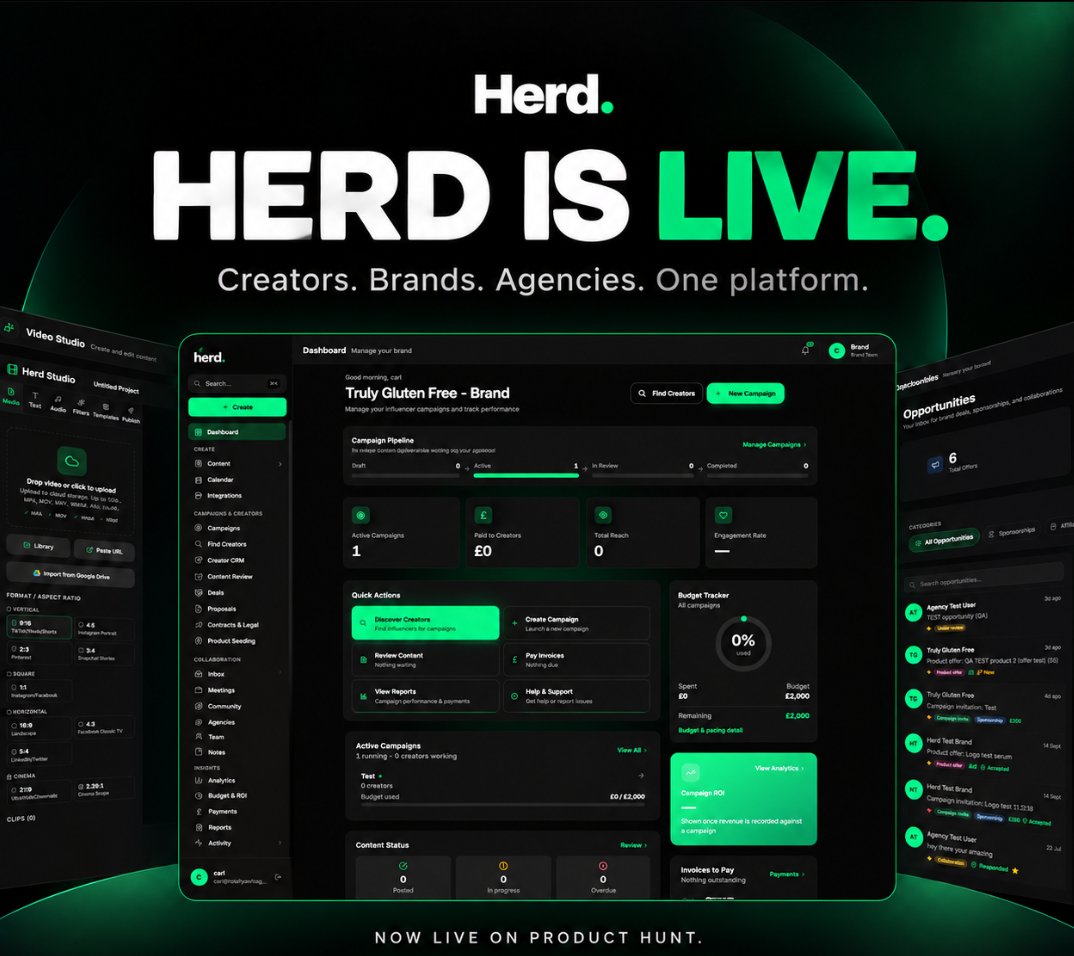 Herd_uk_'s tweet photo. Herd is officially live. 
After months of building, testing and refining, Herd is finally open.
One platform for creators, brands and agencies to manage the business behind the content.
We’re also live on Product Hunt today — have a look, try it and let us know what you think.
This is day one.

@ProductHunt

#Herd #ProductHunt #LaunchDay #CreatorEconomy #SaaS