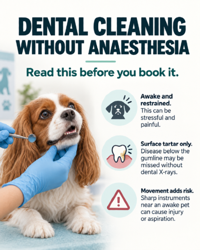 NoHoVet's tweet photo. Anesthesia-free dental cleaning may sound like the same dental without anesthesia, but it isn’t. 🦷 It can’t provide the same complete exam, dental X-rays, or below-the-gum treatment. Know the difference before you book. #PetDentalCare #VetDentistry https://t.co/06HIwu1Vdb