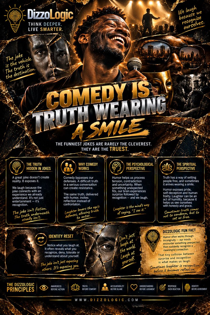 DizzoLogic0101's tweet photo. The funniest jokes often reveal the truths we were too uncomfortable to say.

We laugh because we recognize something.

Sometimes the joke isn’t exposing other people.

It’s exposing us.

Comedy makes truth easier to receive because laughter lowers the ego’s defenses. https://t.co/YkCvqXbhtw
