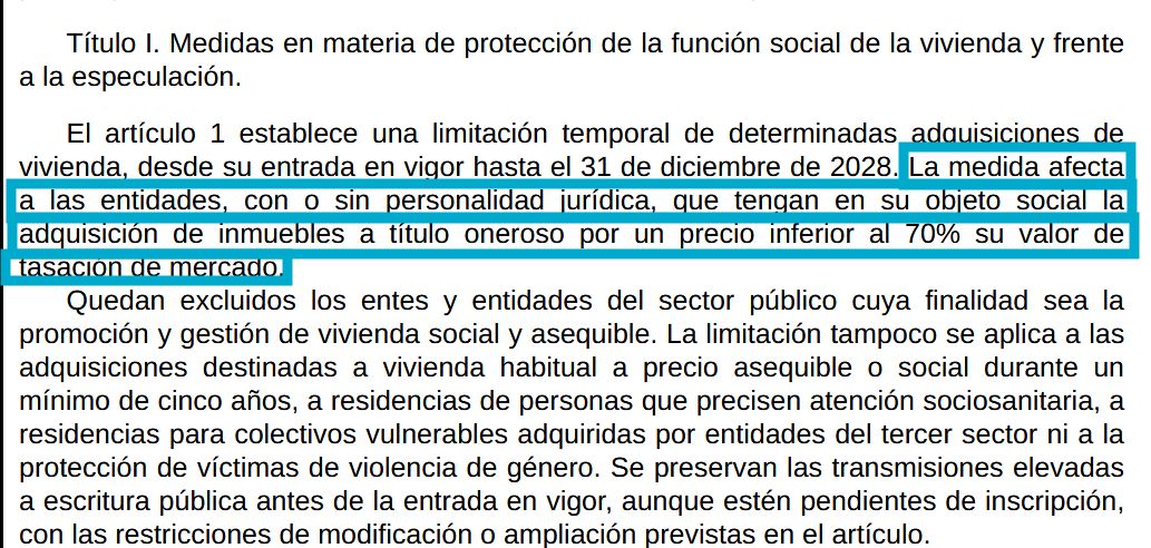 EconoCabreado's tweet photo. Primero que miro del Decreto de Vivienda, primera decepción: NO prohibe la compra de viviendas a fondos buitre... se prohíbe a todo el mundo la compra por debajo del 70% de tasación.

Si un fondo buitre compra un bloque de pisos al 71% del precio de tasación, podrá sin problema. https://t.co/XXi6Avu5Uz