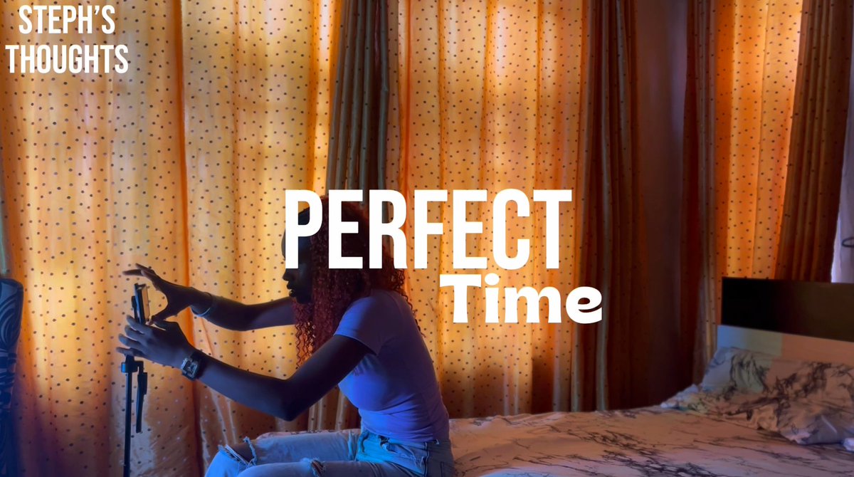 A title card reads 'STEPH'S THOUGHTS' in the upper left corner and 'PERFECT Time' in large letters, overlaid on an image of a woman with red hair sitting on a bed near yellow curtains.