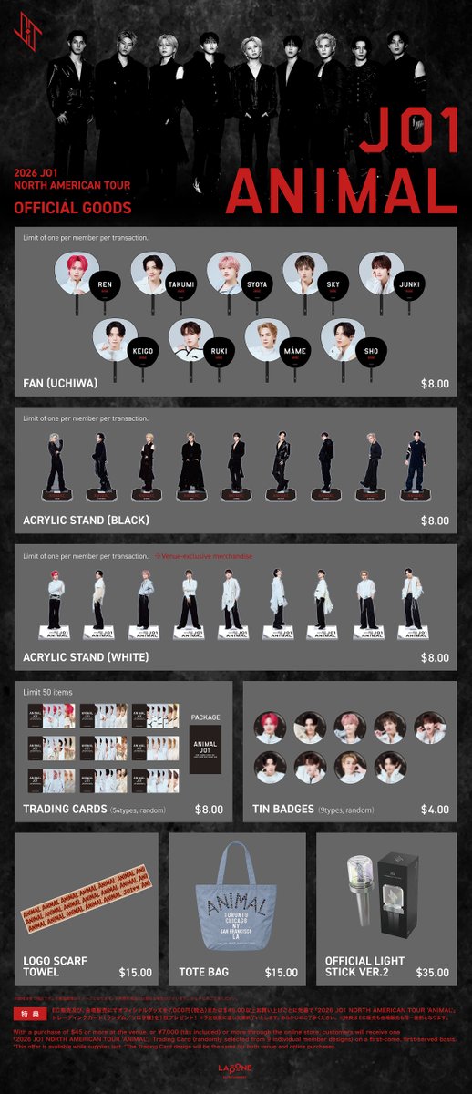 official_jo1's tweet photo. [📢] 
2026 JO1 NORTH AMERICAN TOUR ‘ANIMAL’
OFFICIAL GOODS 
LINEUP&amp;会場販売、EC販売詳細公開！

🗓️EC販売期間 ※日本時間
10/2(金) 18:00〜10/15(木) 23:59

🗓️会場販売 ※現地時間
10/2(金)〜販売開始

▼詳細
🔗https://t.co/fNDRlgwhey

#JO1 #JO1_ANIMAL https://t.co/OdrnczEJRJ