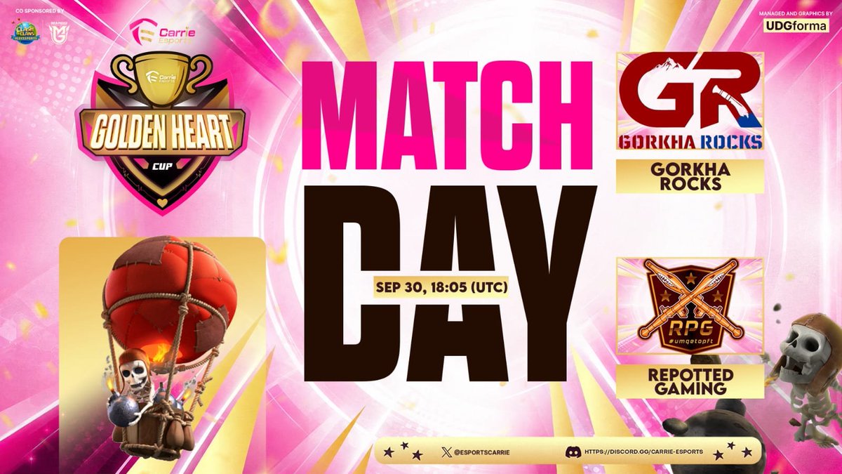 EsportsCarrie's tweet photo. Match Day. ππ
4 clashes on deck today:
π₯ Gorkha Rocks vs Repotted Gaming - 18:05 UTC
π₯ Fuqing No.1 vs Psycho Esports - 15:05 UTC
π₯ DOD Esports vs Blue Whales - 16:05 UTC
π₯ Crazy Clasher vs Krewe Esports - 16:35 UTC
#GoldenHeartCup #FarewellEdition https://t.co/vV5mYhyKQK
