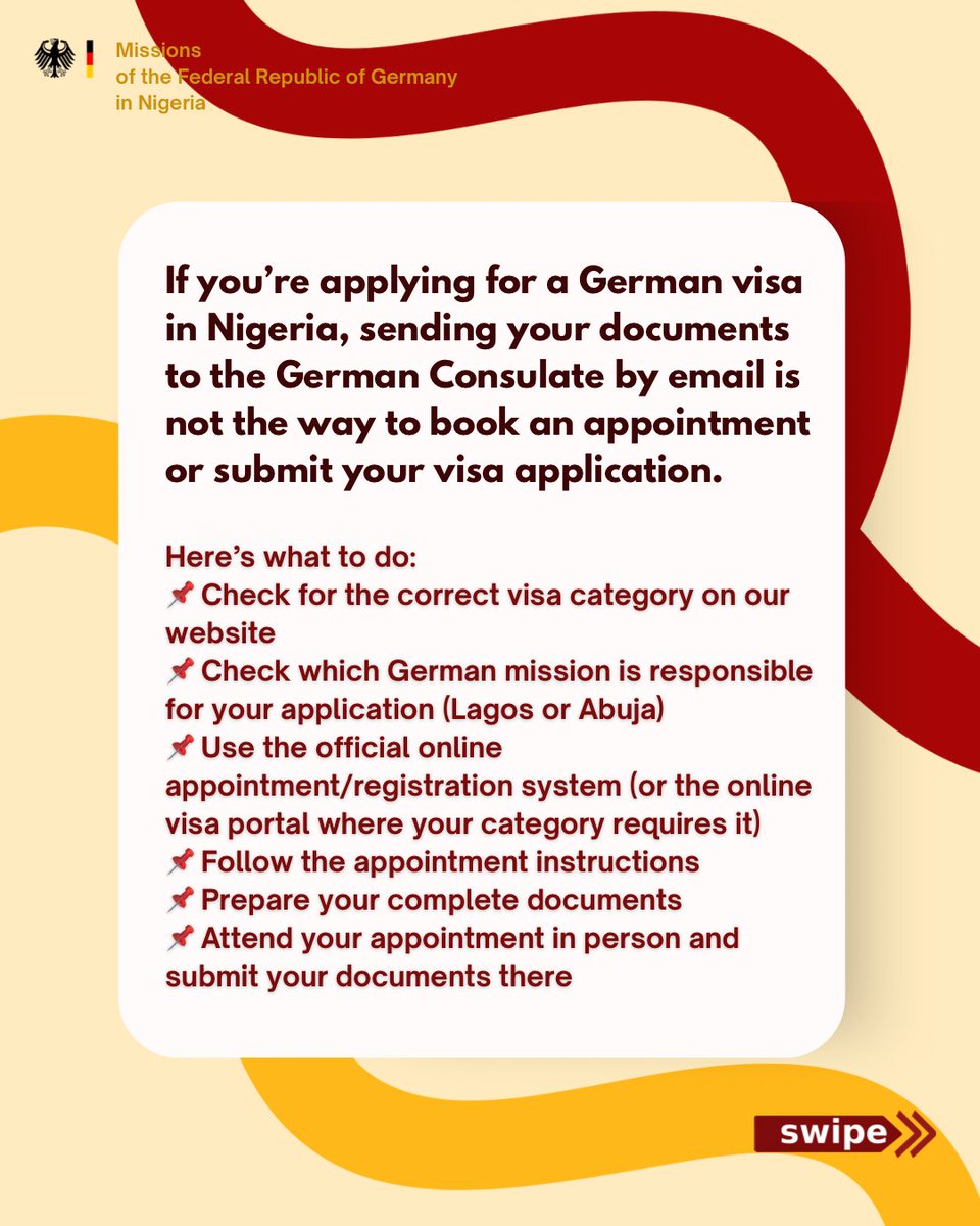 GERinNigeria's tweet photo. Incase you’ve heard this before…

Don’t just email your documents and assume your visa application has been submitted.

✅ Start with the official visa instructions &amp; follow the process for your specific visa category -www.nigeria.diplo.de https://t.co/2N5dtdXqHM