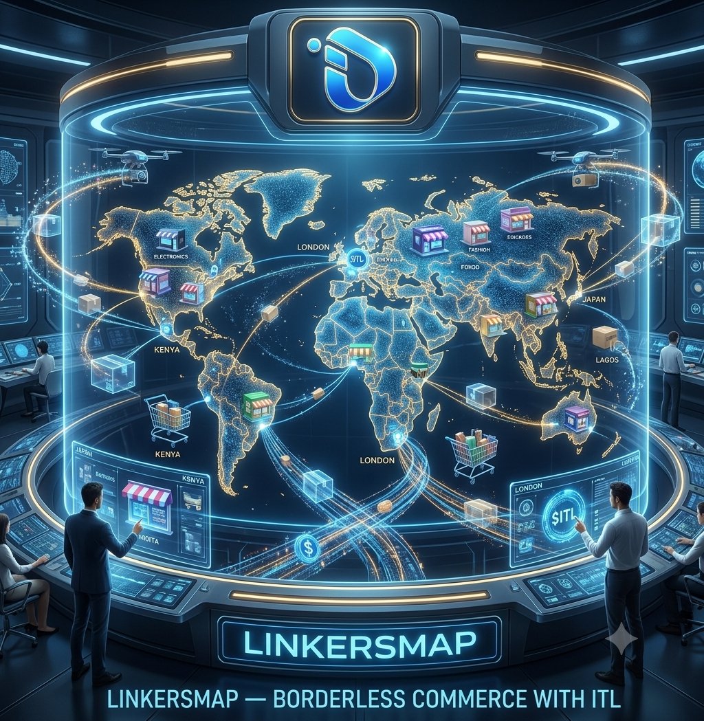gowrich74's tweet photo. 5. 🛍️ LinkersMap — Borderless Commerce A futuristic cross-border e-commerce marketplace called LinkersMap, millions of products displayed as holographic storefronts across a glowing world map, merchants from different countries 
#InterLink #ITLG #ITL https://t.co/aHElHgFYUt