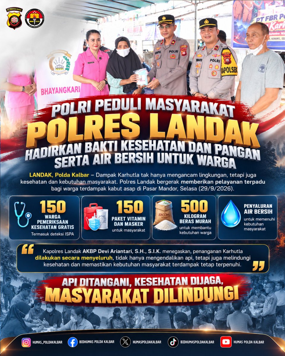 BidhumasKalbar's tweet photo. Dampak Karhutla tak hanya mengancam lingkungan, tetapi juga kesehatan dan kebutuhan masyarakat. Polres Landak bergerak memberikan pelayanan terpadu bagi warga terdampak kabut asap di Pasar Mandor, Selasa (29/9/2026).
#PoldaKalbar #HumasPoldaKalbar #Poldakalbarsiagakarhulta https://t.co/TEPYaVU0zn