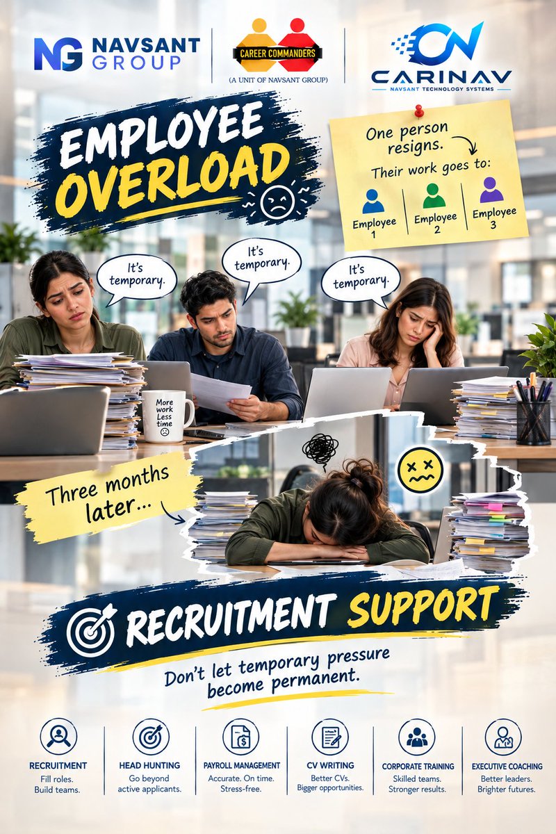 Careercomm50119's tweet photo. ONE PERSON RESIGNS. THREE PEOPLE GET THE WORK.“It’s temporary,” they say
. DON’T LET TEMPORARY PRESSURE BECOME PERMANENT.
#CareerCommanders #Recruitment #HeadHunting #HRServices #TalentAcquisition #Hiring #HumanResources #TalentManagement https://t.co/1Q6tM0d66G