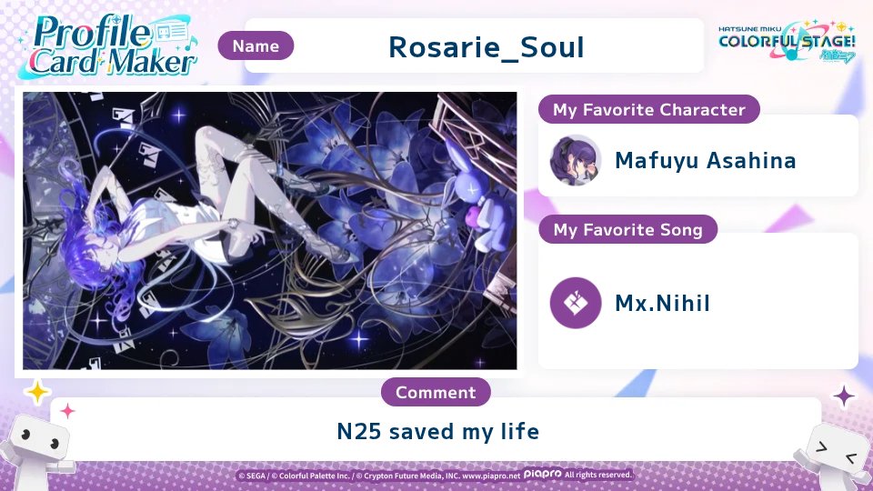 Rosarie_Soul's tweet photo. #COLORFULSTAGE
I made a profile card for my biggest kinnie before the anniversary starts 🥹. I have link in case anyone wants to make theirs too 💥
#SEKAIanniversary https://t.co/XmMZZKLYt0