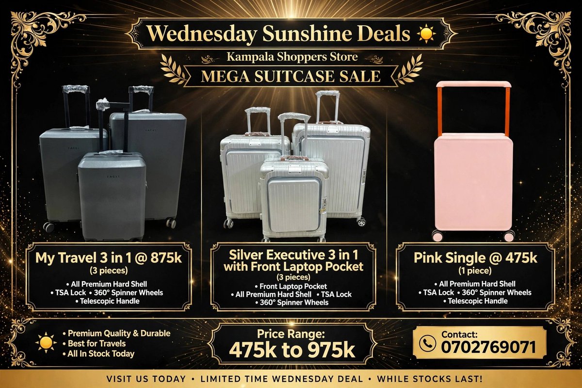 KShoppersUG's tweet photo. ☀️ REAL STOCK WEDNESDAY DEALS 🧳

MEGA SUITCASE SALE - Real Pics!

🔹 My Travel 3in1 @875k (3pcs)
🔹 Silver Exec Laptop @975k (3pcs)
🔹 Pink Single @475k 🔥

Price: 475k-975k | All In Stock!

Order 👉 https://t.co/0s0c37yXCC🧳

#Kampala #KSS https://t.co/lcdUrGaKaL