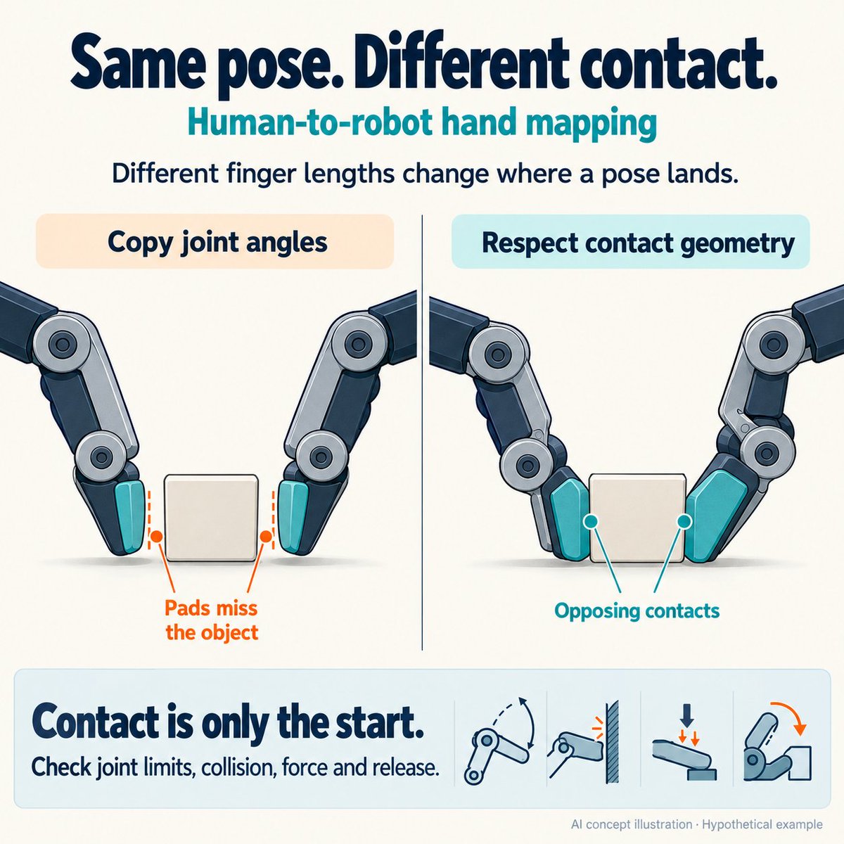guanliangsky's tweet photo. Same joint angles can put different robot fingertips in different places. For a pinch, test object-relative contact—not just pose similarity. Contact still does not guarantee force control or clean release.

AI concept illustration; hypothetical example. https://t.co/trKUkt3rvZ