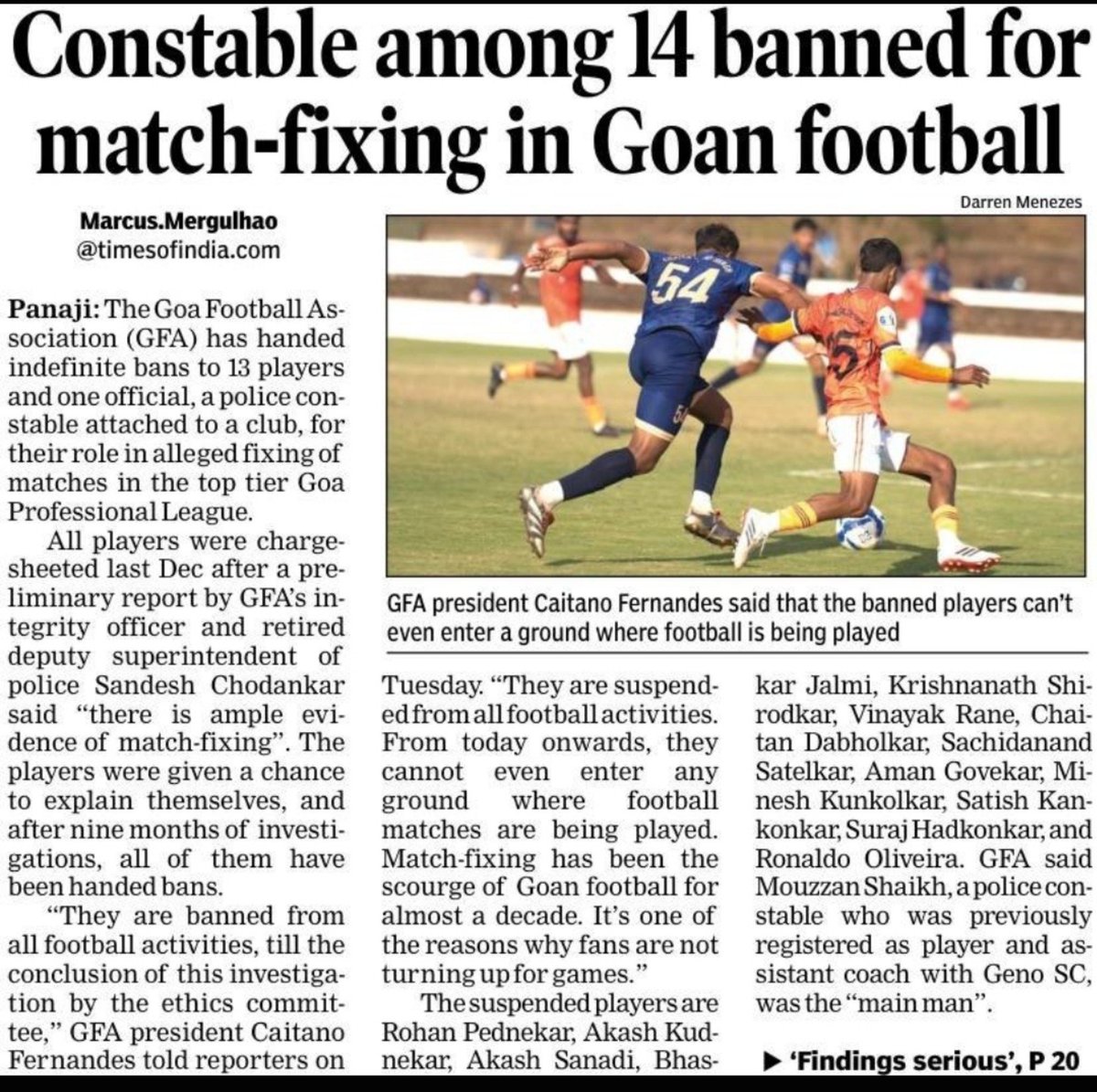 ProfesorKalinga's tweet photo. 🚨 Match-fixing crackdown in Goan football! 
GFA has handed indefinite bans to 13 players and 1 official.
Banned individuals were registered with Clubs like Chapora Yuvak Sangh, Calangute Association, Pax of Nagoa, and Geno SC

#IndianFootball #GoaProLeague #MatchFixing https://t.co/rGHjwuADvO