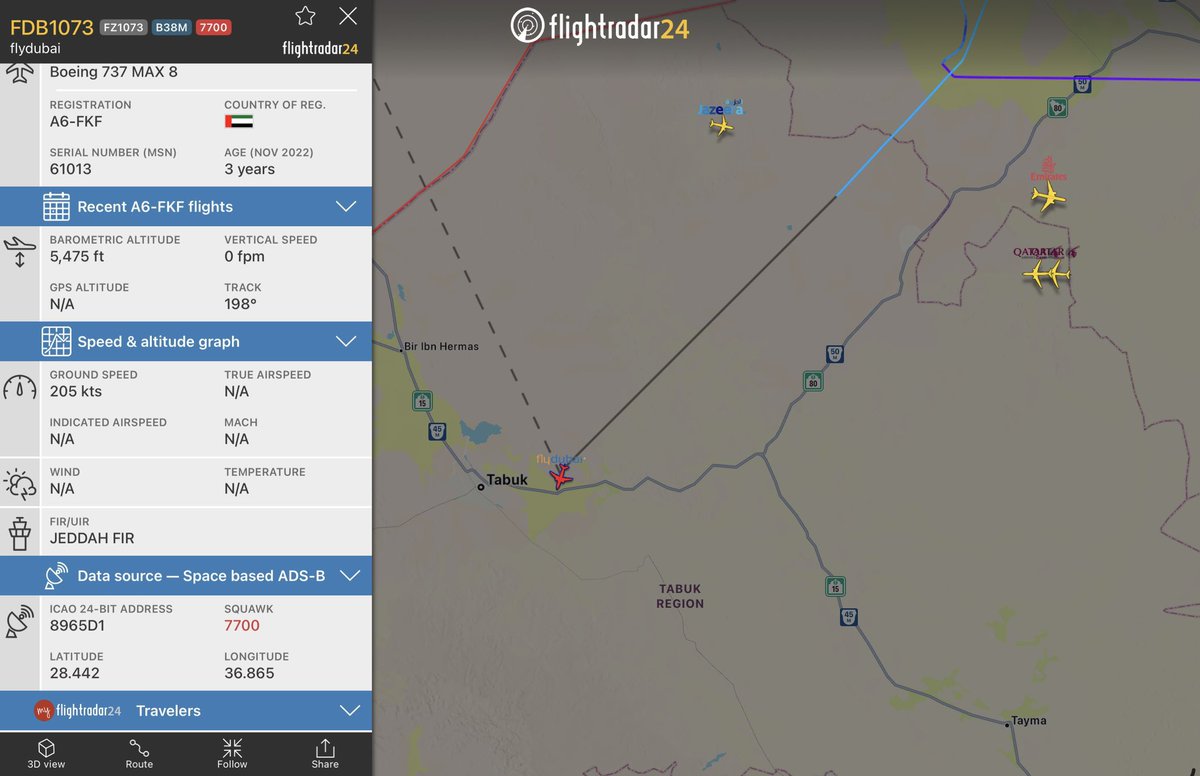 AviationWG's tweet photo. 🚨 عاجل 

أنباء عن تعرض طائرة فلاي دبي من طراز B737 MAX 8 المتجهة إلى تل أبيب لحادث أمني.

الطائرة أعلنت حالة الطوارئ العامة 7700 وبعدها تم تغير الرمز إلى 7500 الخاص بالاختطاف، وقامت بتغيير مسارها. https://t.co/5JoXlcfSJf