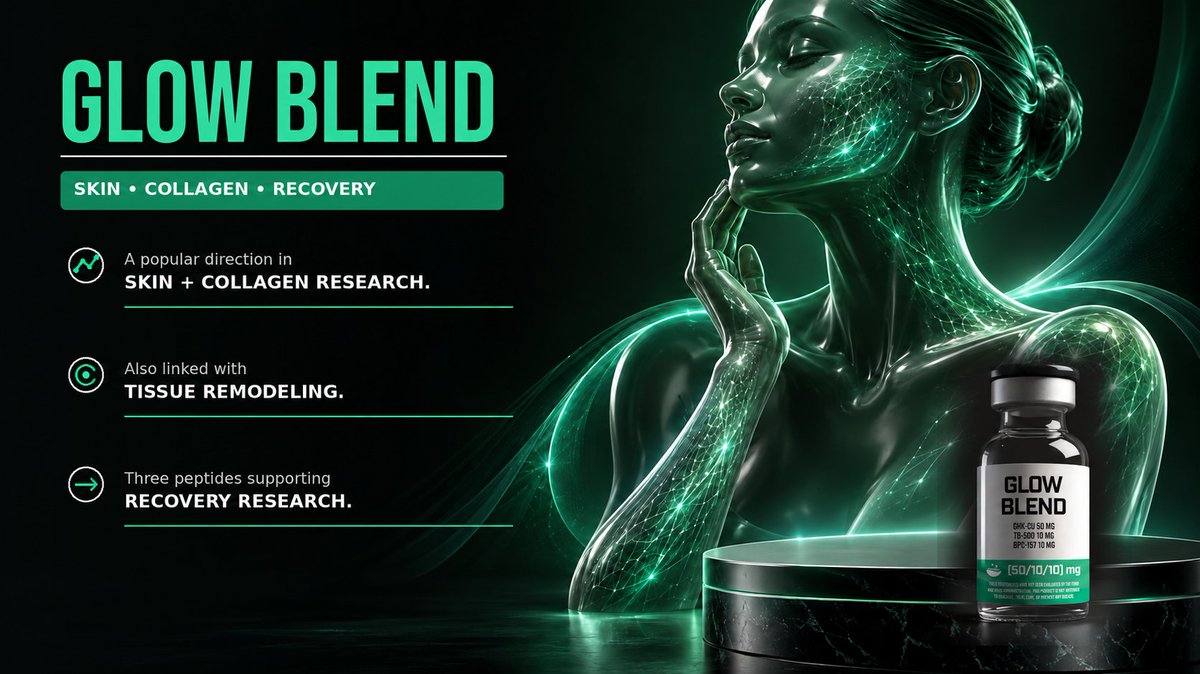 enhanced_info1's tweet photo. Why is it called the GLOW Blend?

✨ Skin and collagen research  
🧬 Tissue remodeling  
🔄 Recovery pathways  
🛡️ Support for repair processes

GHK-Cu, BPC-157 and TB-500 bring several popular regenerative research directions into one formula. https://t.co/mWu8kjU2CR