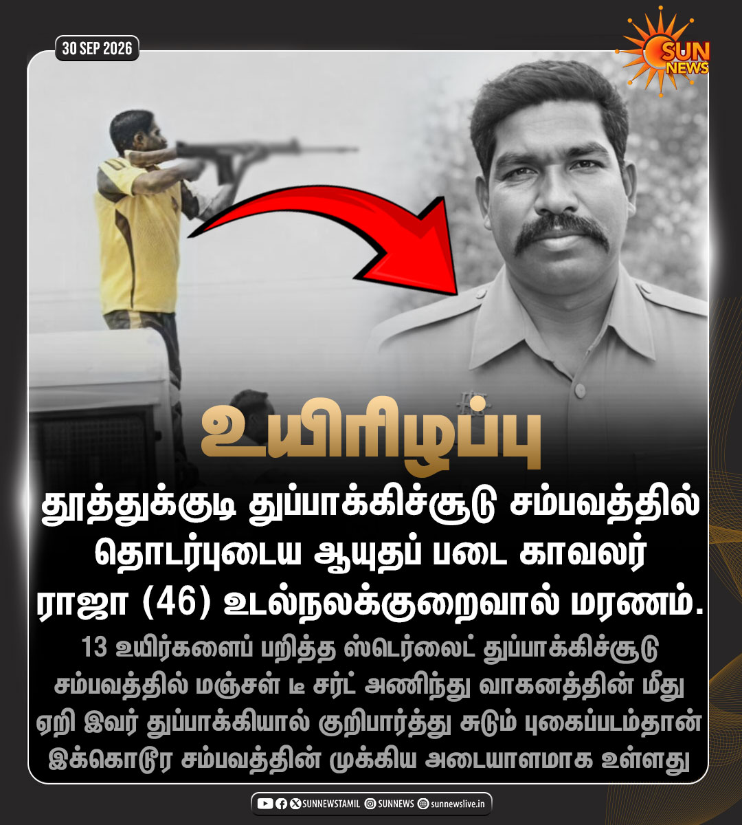 sunnewstamil's tweet photo. #JustNow | தூத்துக்குடி துப்பாக்கிச்சூடு சம்பவத்தில் தொடர்புடைய ஆயுதப்படை காவலர் ராஜா உயிரிழப்பு

#SunNews | #Thoothukudi | #SterliteProtests https://t.co/lqtRrVf526