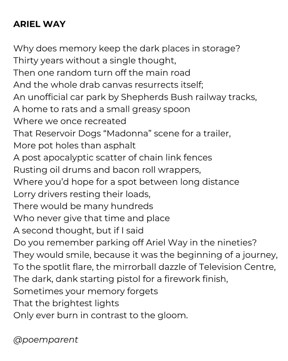 poemparent's tweet photo. So last day going to work in this post code after 32 years and I suddenly had a powerful memory of what sat there before.
#w12 #arielway #memoriesoftvc #televisioncentre #woodlane #westfield #bbctvmemories #memory #tvc #bbctvc #bbcstaff #dailypoem #poemaday #poetry https://t.co/eygtDJdXvn